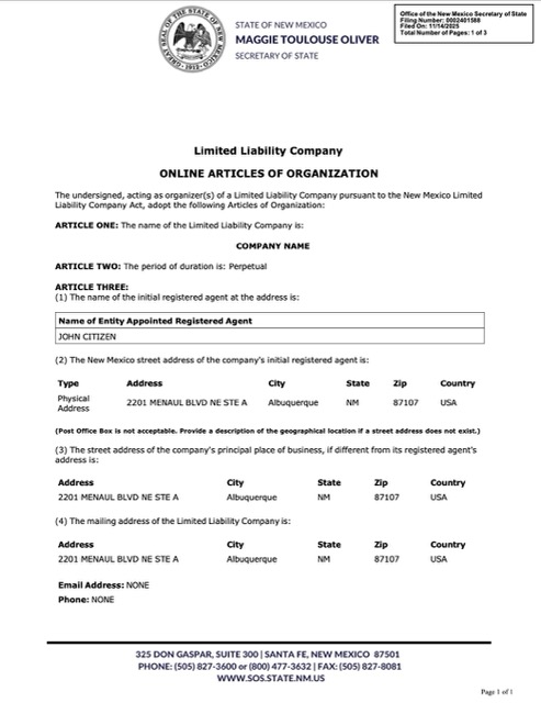 USA New Mexico online articles of organization Word and PDF template